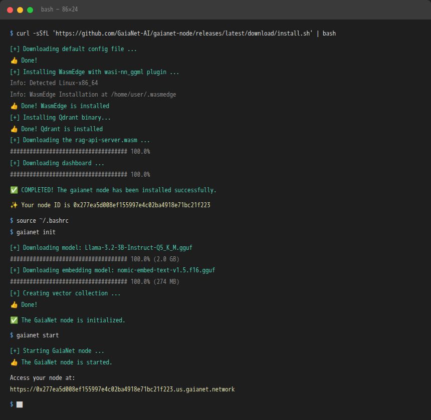 Installing, initializing, and starting a Gaia node — three commands to go from zero to live