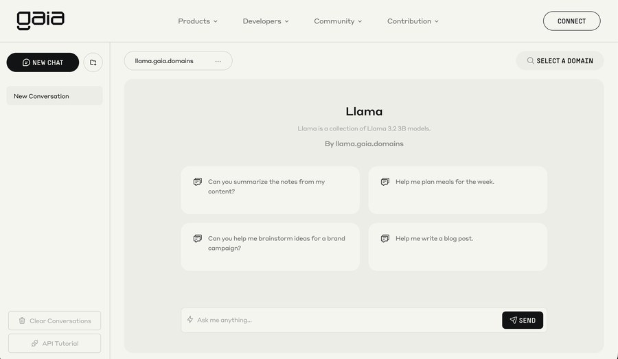Gaia node chat interface — once your node is live, query it directly via the web dashboard or API