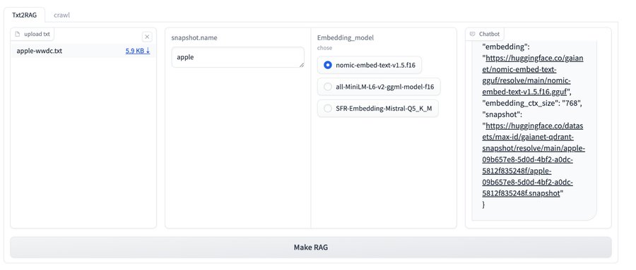 Txt2RAG tool — convert any text file into an embedding snapshot for your Gaia knowledge base