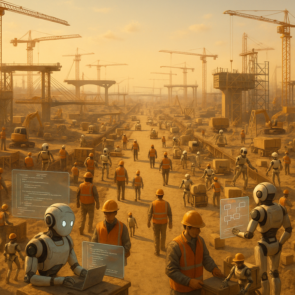 A vast construction site where AI agents and human workers build side by side — the new industrial revolution