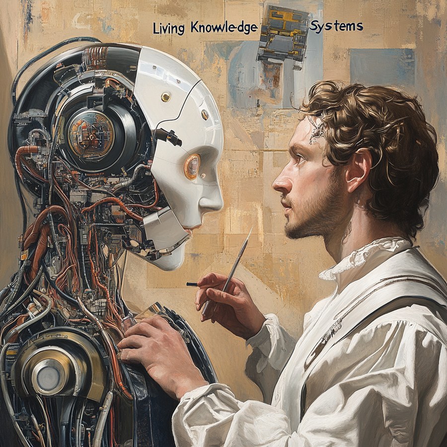 Living Knowledge Systems — a craftsman examines an android, symbol of the new Renaissance builder