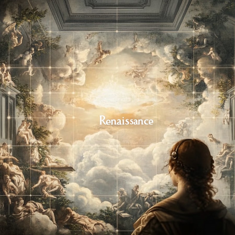 A woman gazes upward at a luminous fresco — the Renaissance ceiling, now the agentic internet